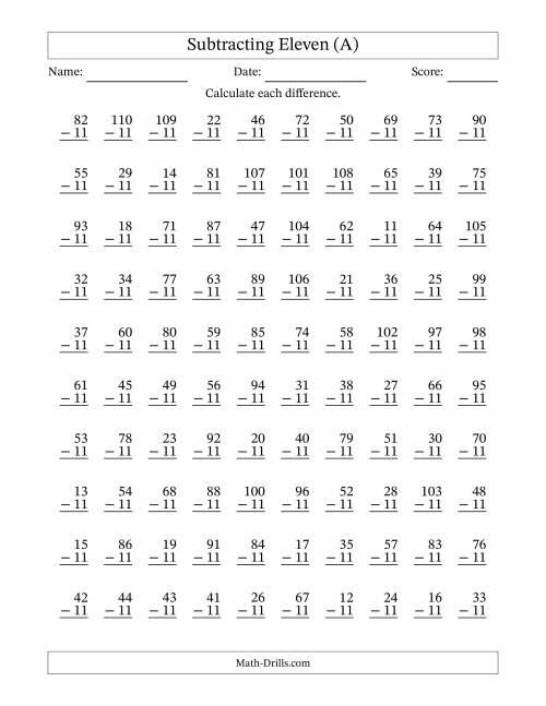 The Subtracting Eleven With Differences from 0 to 99 – 100 Questions (A) Math Worksheet