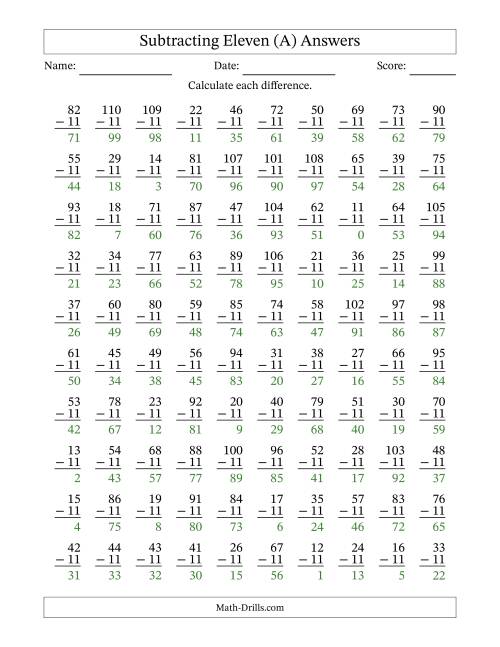 The Subtracting Eleven With Differences from 0 to 99 – 100 Questions (A) Math Worksheet Page 2