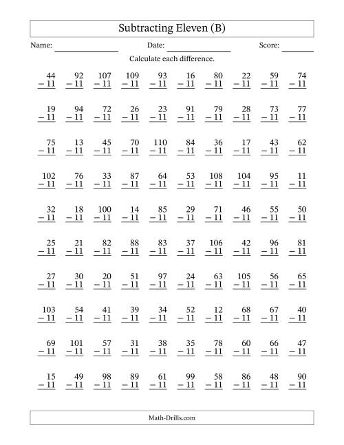 The Subtracting Eleven With Differences from 0 to 99 – 100 Questions (B) Math Worksheet