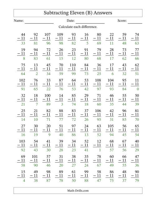 The Subtracting Eleven With Differences from 0 to 99 – 100 Questions (B) Math Worksheet Page 2