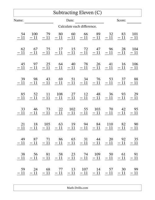 The Subtracting Eleven With Differences from 0 to 99 – 100 Questions (C) Math Worksheet