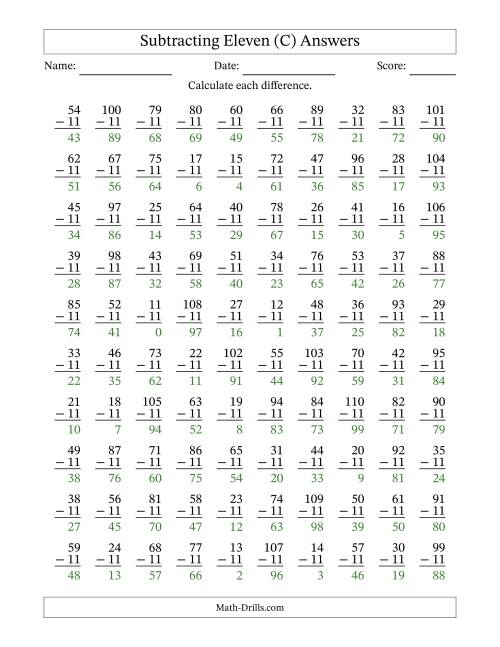 The Subtracting Eleven With Differences from 0 to 99 – 100 Questions (C) Math Worksheet Page 2
