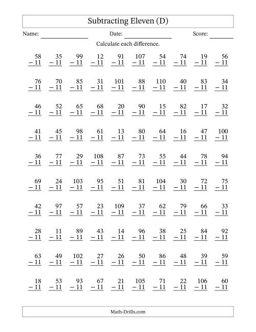The Subtracting Eleven With Differences from 0 to 99 – 100 Questions (D) Math Worksheet