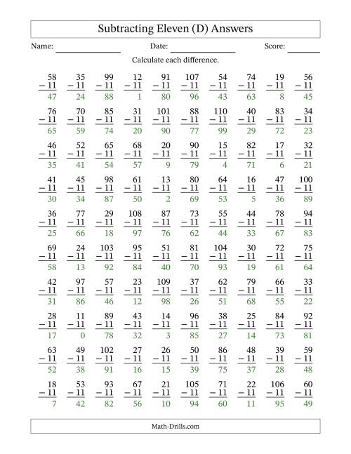 The Subtracting Eleven With Differences from 0 to 99 – 100 Questions (D) Math Worksheet Page 2