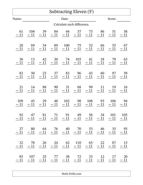 The Subtracting Eleven With Differences from 0 to 99 – 100 Questions (F) Math Worksheet