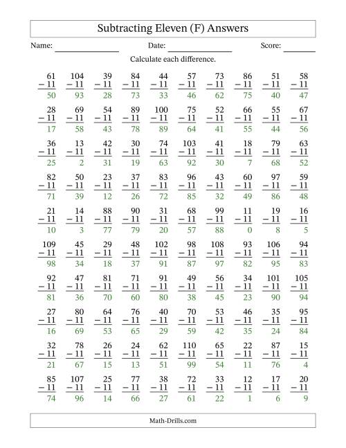 The Subtracting Eleven With Differences from 0 to 99 – 100 Questions (F) Math Worksheet Page 2
