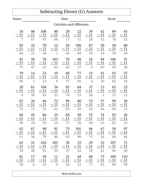 The Subtracting Eleven With Differences from 0 to 99 – 100 Questions (G) Math Worksheet Page 2