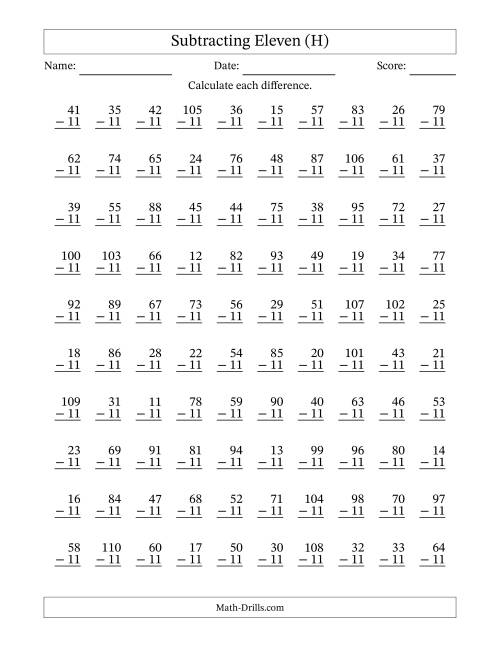 The Subtracting Eleven With Differences from 0 to 99 – 100 Questions (H) Math Worksheet