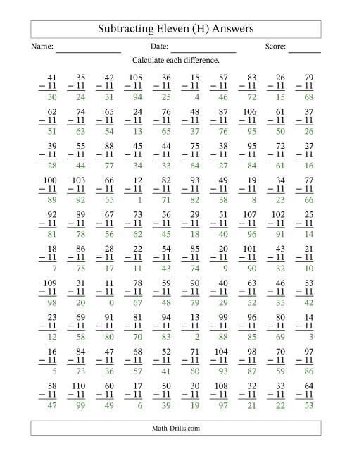 The Subtracting Eleven With Differences from 0 to 99 – 100 Questions (H) Math Worksheet Page 2