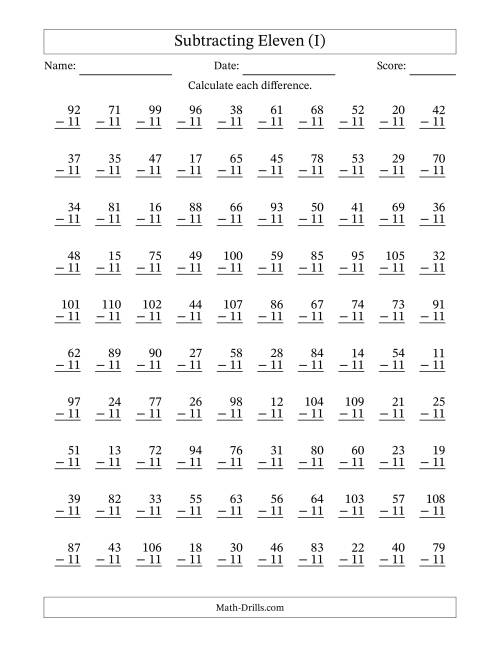 The Subtracting Eleven With Differences from 0 to 99 – 100 Questions (I) Math Worksheet