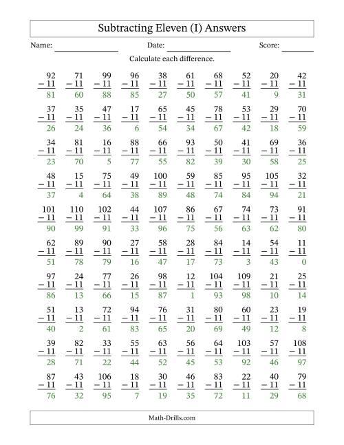 The Subtracting Eleven With Differences from 0 to 99 – 100 Questions (I) Math Worksheet Page 2