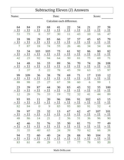 The Subtracting Eleven With Differences from 0 to 99 – 100 Questions (J) Math Worksheet Page 2