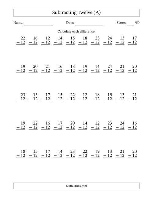 The Subtracting Twelve (12) with Differences 0 to 12 (50 Questions) (A) Math Worksheet
