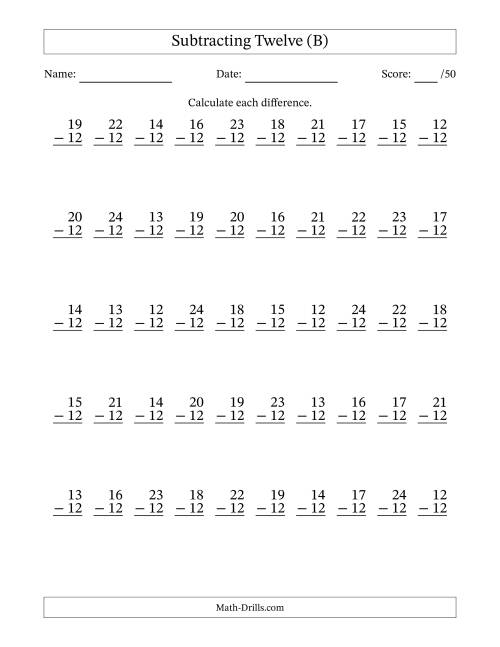 The Subtracting Twelve (12) with Differences 0 to 12 (50 Questions) (B) Math Worksheet