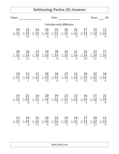 The Subtracting Twelve With Differences from 0 to 12 – 50 Questions (B) Math Worksheet Page 2