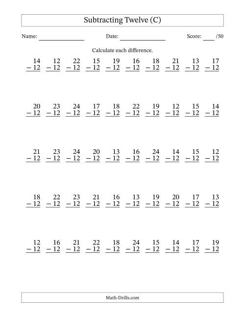 The Subtracting Twelve With Differences from 0 to 12 – 50 Questions (C) Math Worksheet