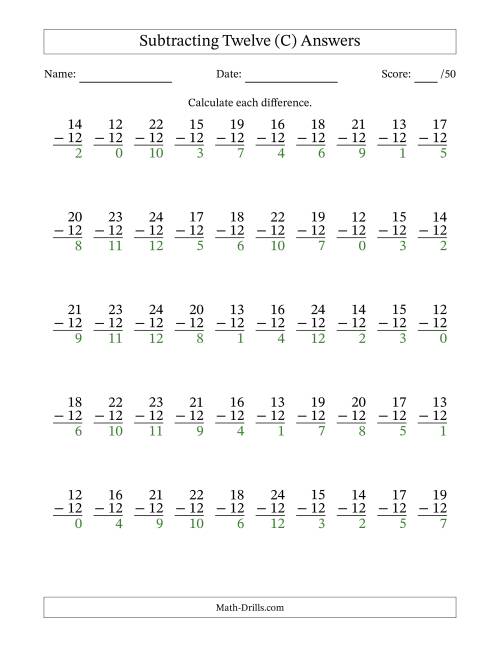 The Subtracting Twelve With Differences from 0 to 12 – 50 Questions (C) Math Worksheet Page 2