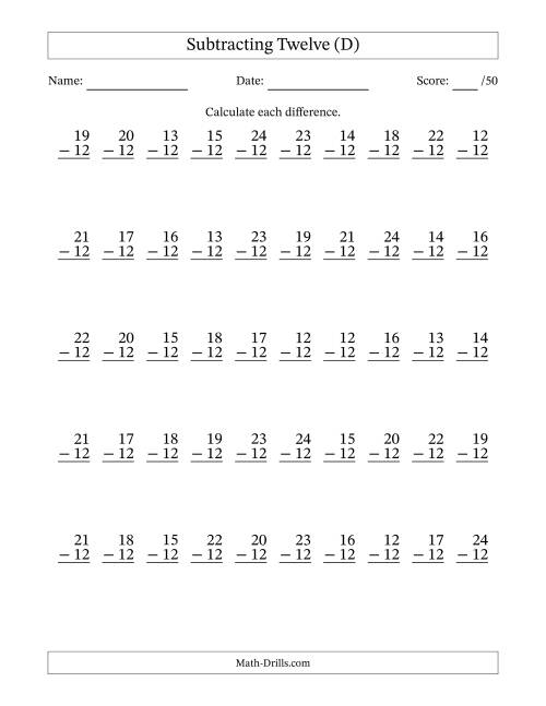 The Subtracting Twelve With Differences from 0 to 12 – 50 Questions (D) Math Worksheet