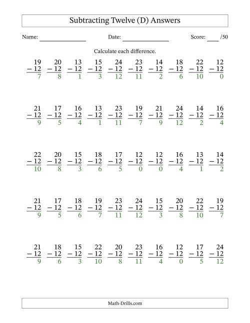 The Subtracting Twelve With Differences from 0 to 12 – 50 Questions (D) Math Worksheet Page 2