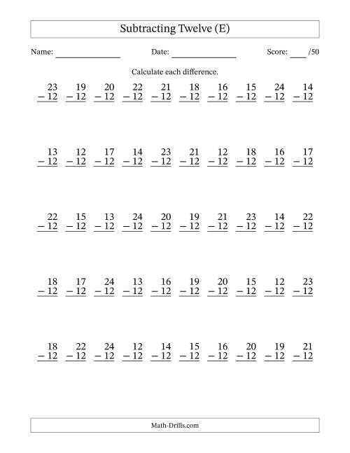 The Subtracting Twelve (12) with Differences 0 to 12 (50 Questions) (E) Math Worksheet