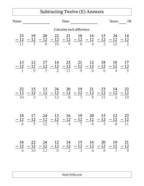 The Subtracting Twelve With Differences from 0 to 12 – 50 Questions (E) Math Worksheet Page 2