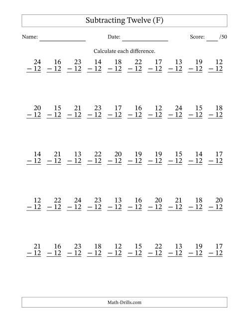 The Subtracting Twelve (12) with Differences 0 to 12 (50 Questions) (F) Math Worksheet