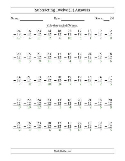 The Subtracting Twelve (12) with Differences 0 to 12 (50 Questions) (F) Math Worksheet Page 2