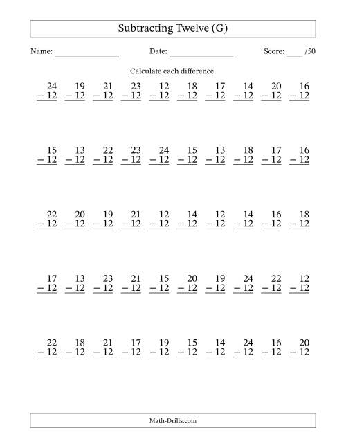 The Subtracting Twelve With Differences from 0 to 12 – 50 Questions (G) Math Worksheet