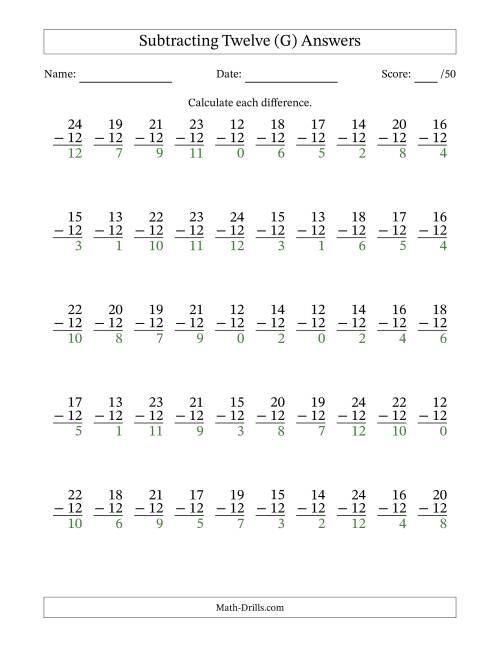 The Subtracting Twelve With Differences from 0 to 12 – 50 Questions (G) Math Worksheet Page 2