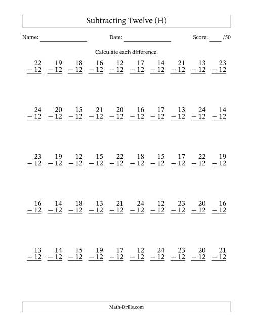 The Subtracting Twelve With Differences from 0 to 12 – 50 Questions (H) Math Worksheet