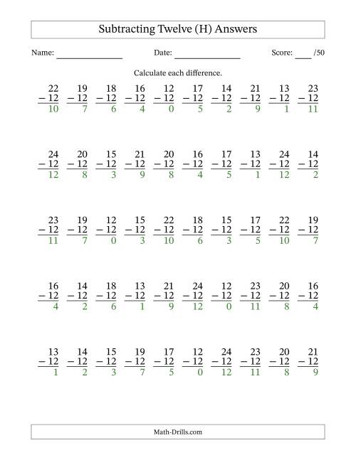 The Subtracting Twelve With Differences from 0 to 12 – 50 Questions (H) Math Worksheet Page 2