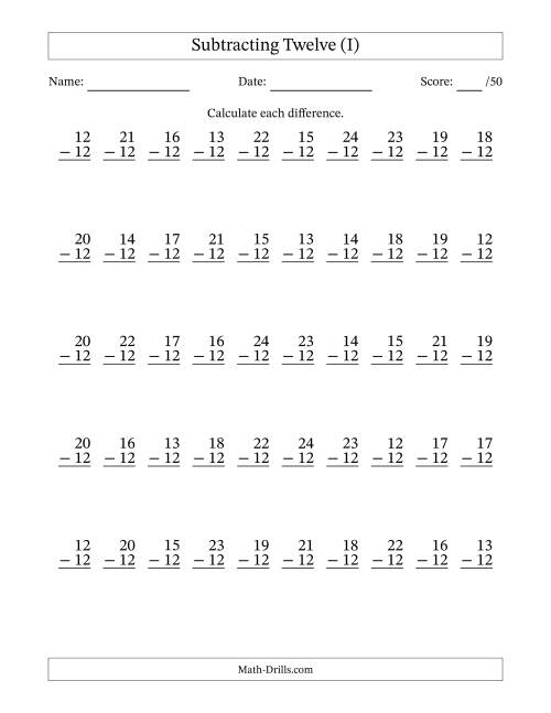 The Subtracting Twelve (12) with Differences 0 to 12 (50 Questions) (I) Math Worksheet