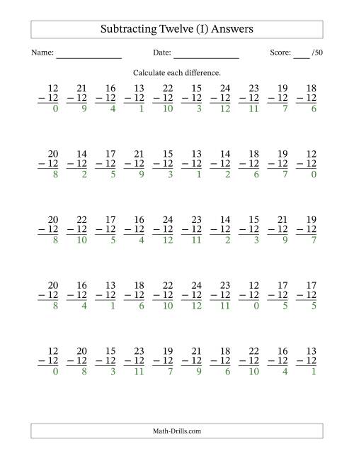 The Subtracting Twelve With Differences from 0 to 12 – 50 Questions (I) Math Worksheet Page 2