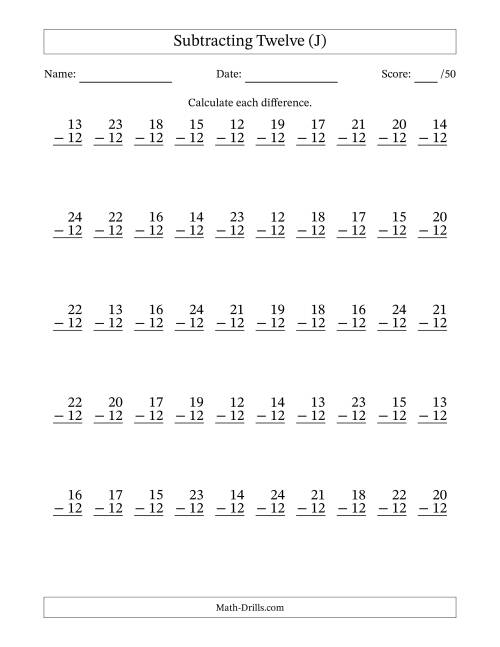 The Subtracting Twelve With Differences from 0 to 12 – 50 Questions (J) Math Worksheet