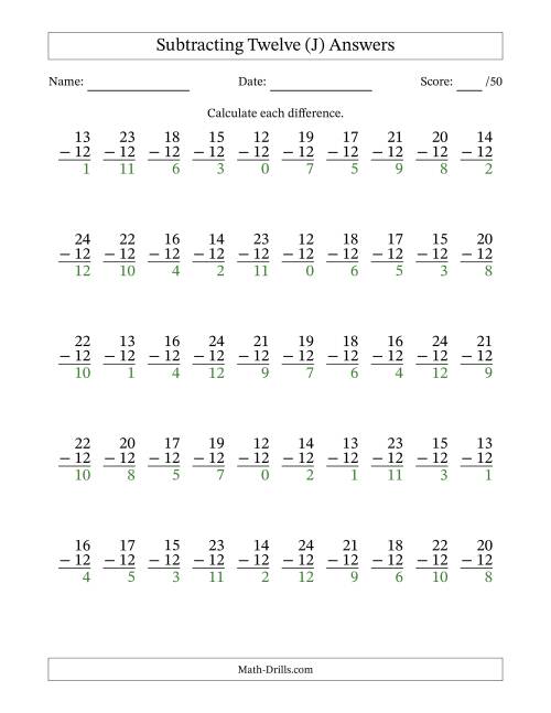 The Subtracting Twelve With Differences from 0 to 12 – 50 Questions (J) Math Worksheet Page 2