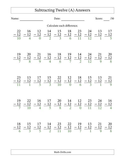 The Subtracting Twelve (12) with Differences 0 to 12 (50 Questions) (All) Math Worksheet Page 2