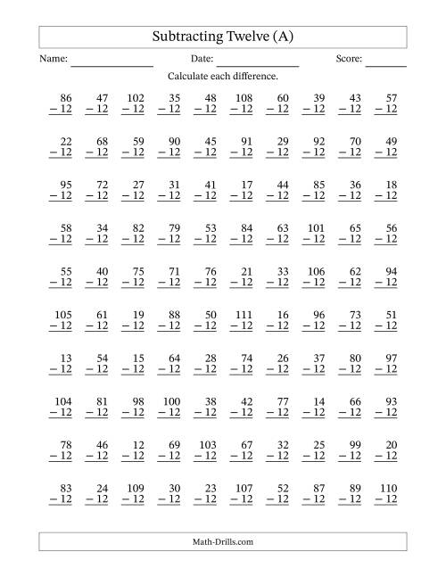 The Subtracting Twelve With Differences from 0 to 99 – 100 Questions (A) Math Worksheet