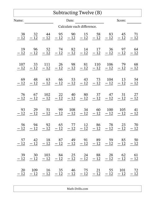The Subtracting Twelve With Differences from 0 to 99 – 100 Questions (B) Math Worksheet
