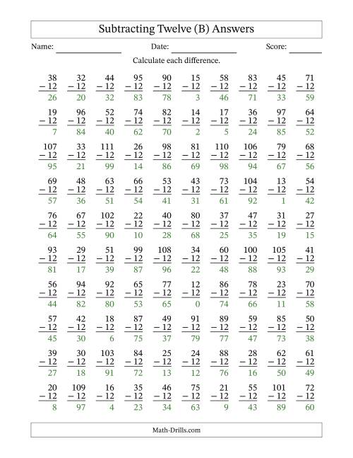 The Subtracting Twelve With Differences from 0 to 99 – 100 Questions (B) Math Worksheet Page 2