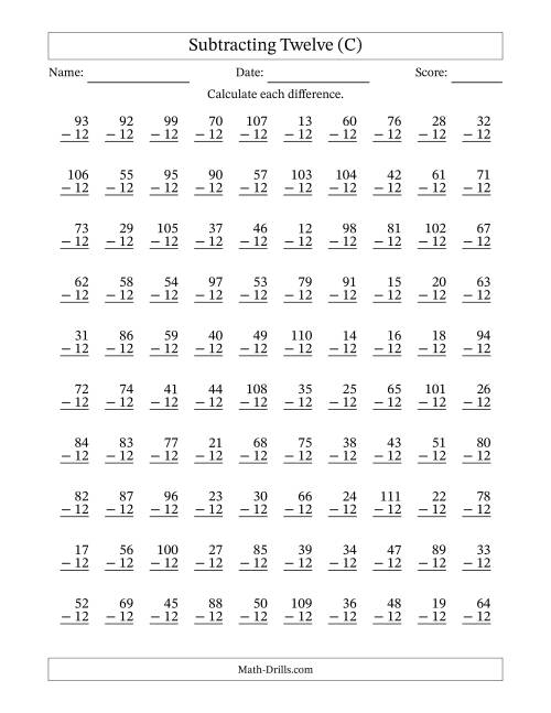 The Subtracting Twelve With Differences from 0 to 99 – 100 Questions (C) Math Worksheet