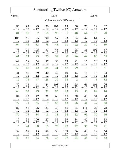 The Subtracting Twelve (12) with Differences 0 to 99 (100 Questions) (C) Math Worksheet Page 2