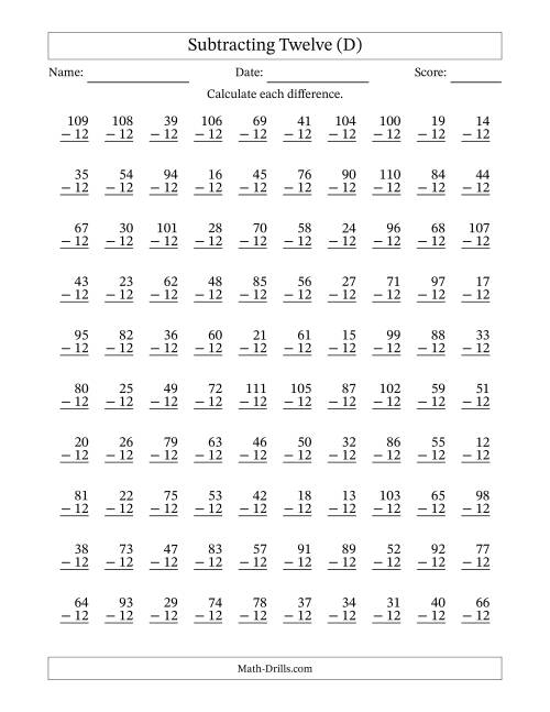 The Subtracting Twelve (12) with Differences 0 to 99 (100 Questions) (D) Math Worksheet