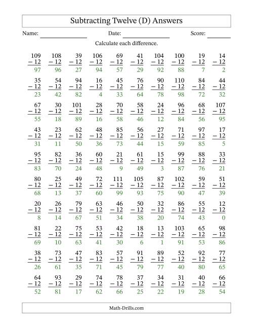 The Subtracting Twelve With Differences from 0 to 99 – 100 Questions (D) Math Worksheet Page 2