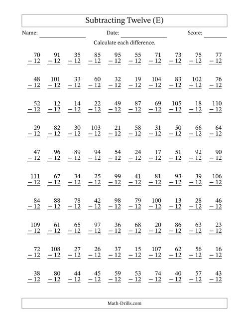 The Subtracting Twelve With Differences from 0 to 99 – 100 Questions (E) Math Worksheet