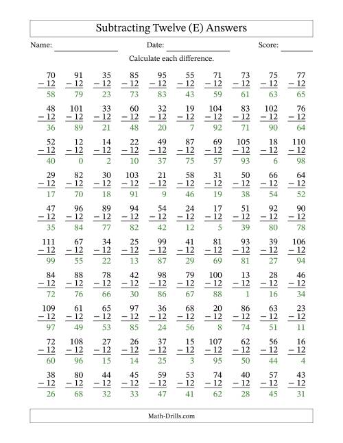 The Subtracting Twelve With Differences from 0 to 99 – 100 Questions (E) Math Worksheet Page 2