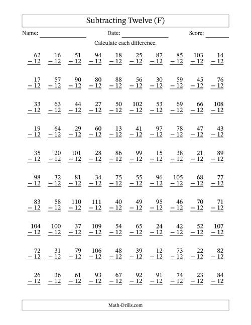 The Subtracting Twelve With Differences from 0 to 99 – 100 Questions (F) Math Worksheet