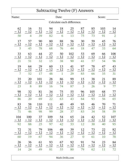 The Subtracting Twelve With Differences from 0 to 99 – 100 Questions (F) Math Worksheet Page 2