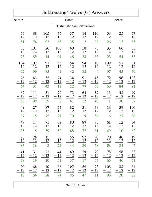 The Subtracting Twelve With Differences from 0 to 99 – 100 Questions (G) Math Worksheet Page 2