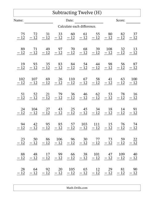 The Subtracting Twelve With Differences from 0 to 99 – 100 Questions (H) Math Worksheet