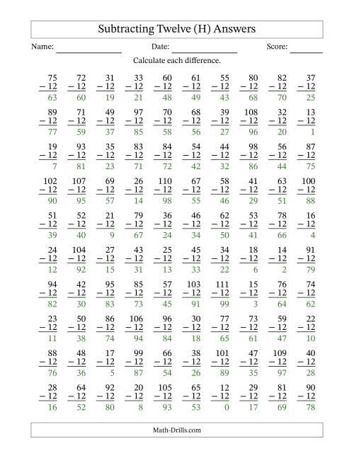 The Subtracting Twelve (12) with Differences 0 to 99 (100 Questions) (H) Math Worksheet Page 2